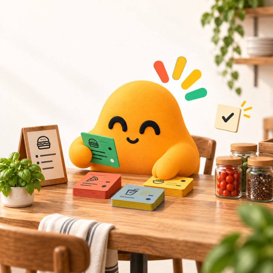 O Niino organizando cartões de cardápio coloridos sobre a mesa