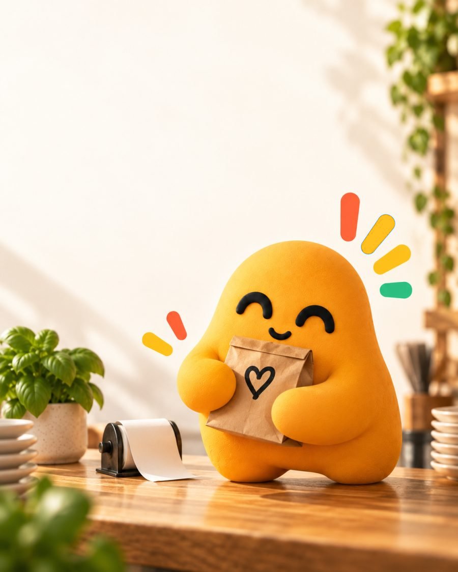 O Niino, uma bolinha amarela sorridente, abraçando um saquinho de delivery com um coração