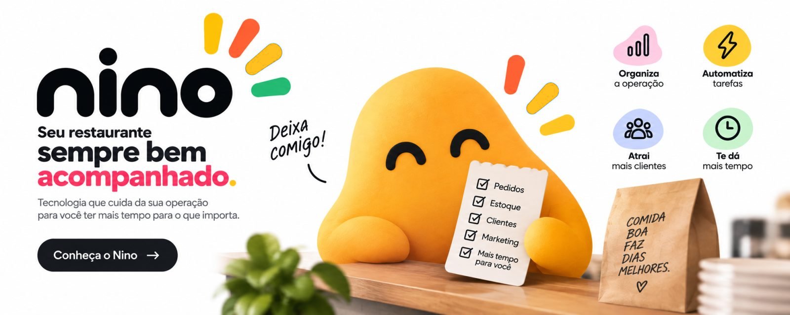 O Niino segurando uma lista: pedidos, estoque, clientes, marketing e mais tempo para você